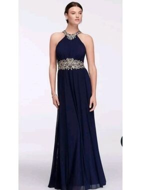 Elegant Navy Halter Evening Gown with Embellished Waist